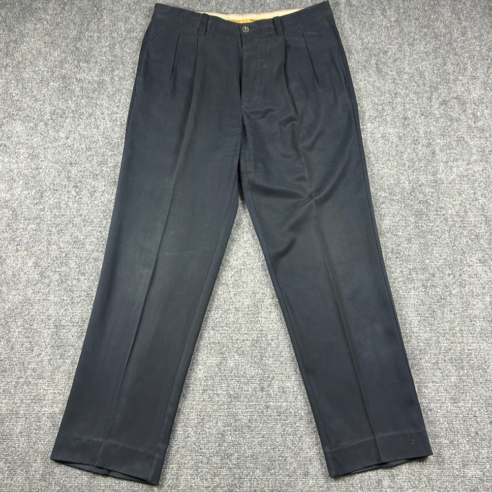 Tommy Bahama Pleated Pants Mens 33x32 Black Silk Bamboo Blend Herringbone Dress